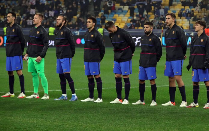 KYIV, UKRAINE - NOVEMBER 2, 2021 - Players of FC Barcelona, Barca are pictured before the 2021/2022 UEFA Champions Leag
