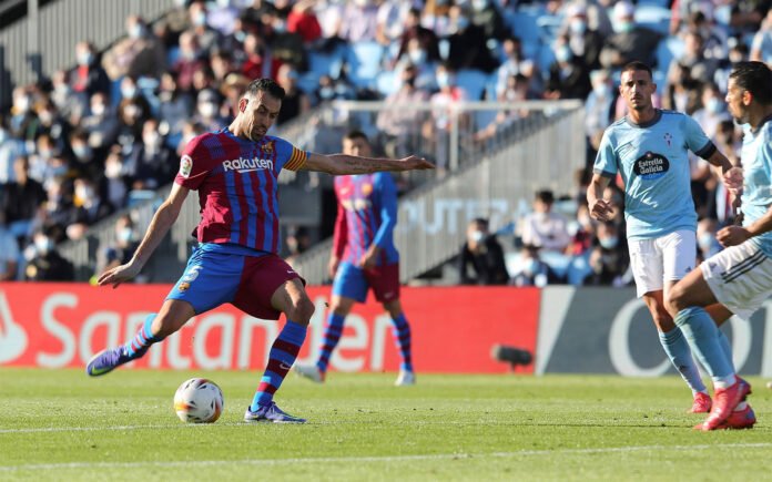 FC Barcelona, Barca s Sergio Busquets (L) shoots to score the 0-2 lead during a Spanish LaLiga soccer match between Cel